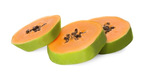 Fresh ripe papaya slices on white background