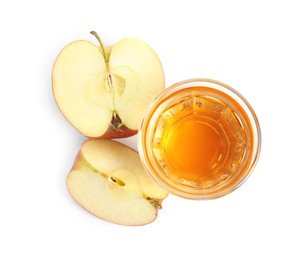 Photo of Glass with delicious cider and pieces of ripe apple on white background, top view
