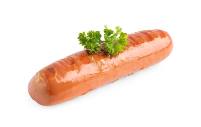 Photo of Delicious grilled sausage on white background. Barbecue food