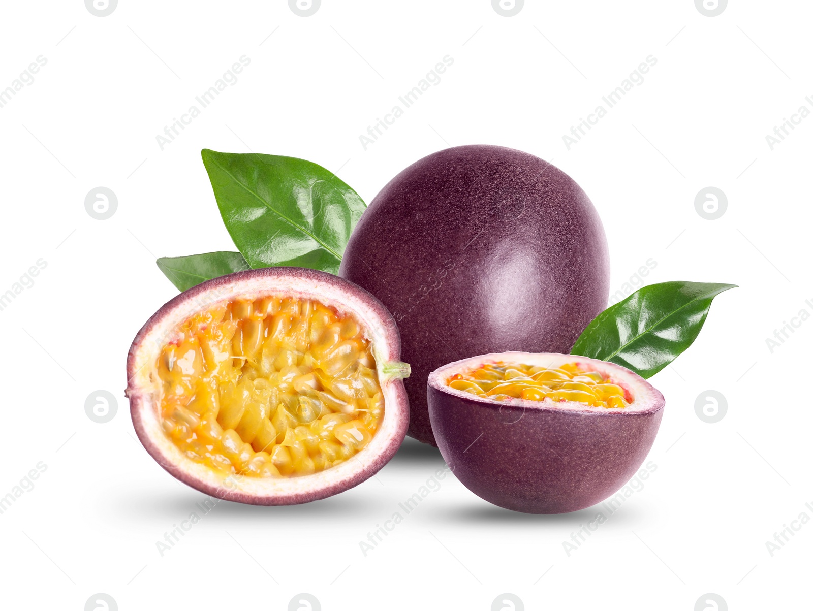 Image of Delicious ripe passion fruits and green leaves on white background