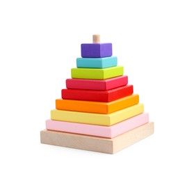 Photo of Colorful wooden pyramid isolated on white. Children's toy