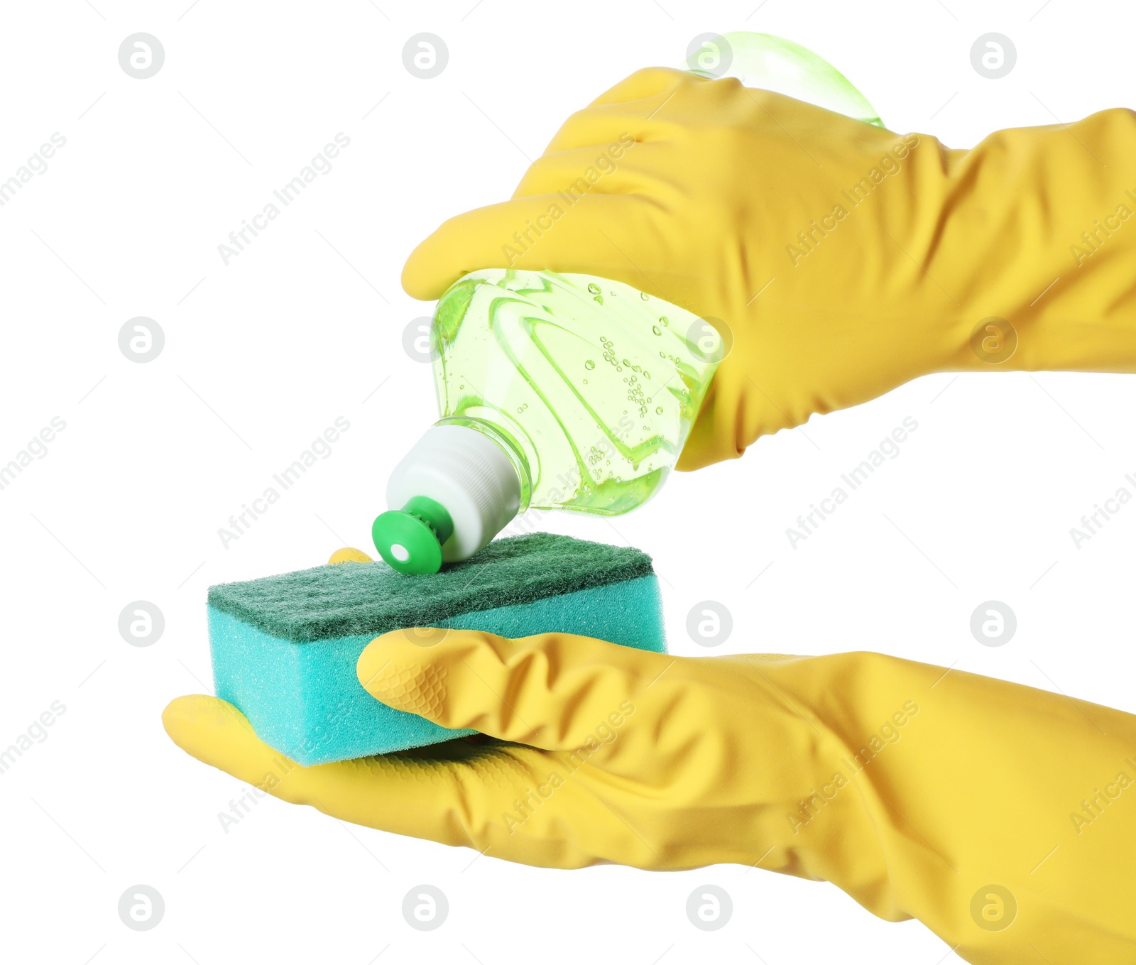 Photo of Person pouring cleaning product for dish washing onto sponge on white background, closeup