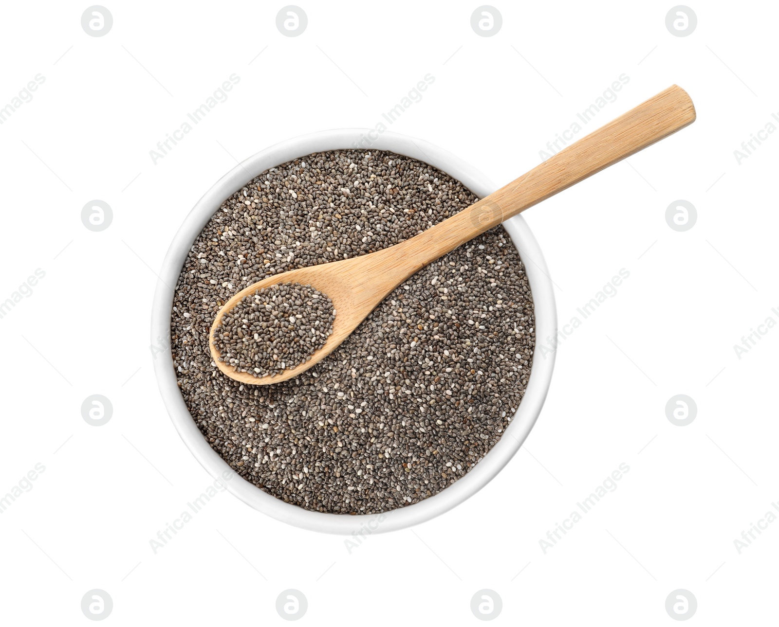 Photo of Chia seeds in bowl with spoon isolated on white, top view