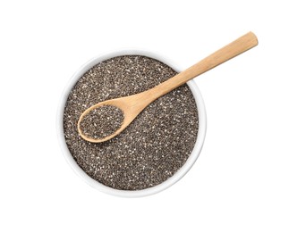 Photo of Chia seeds in bowl with spoon isolated on white, top view
