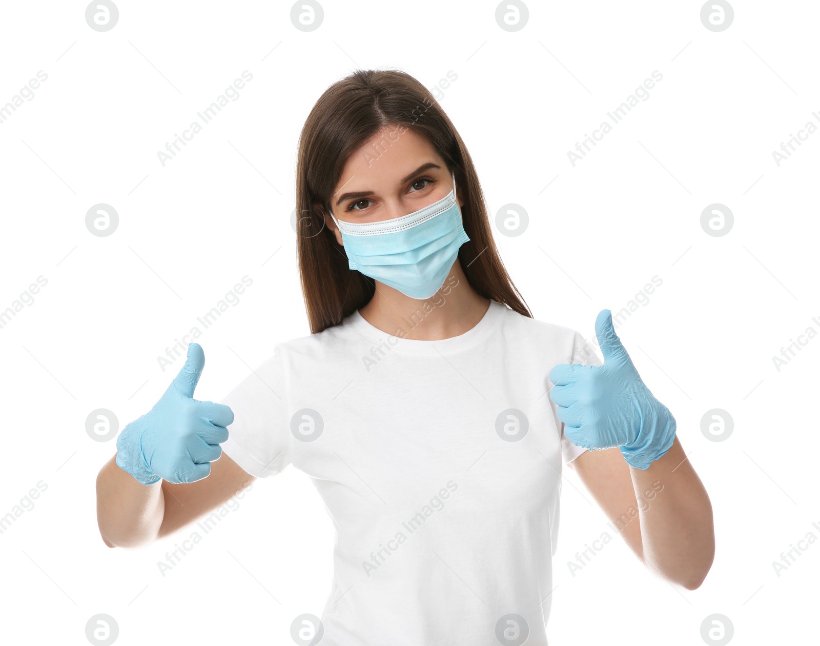 Photo of Female volunteer in mask and gloves on white background. Protective measures during coronavirus quarantine