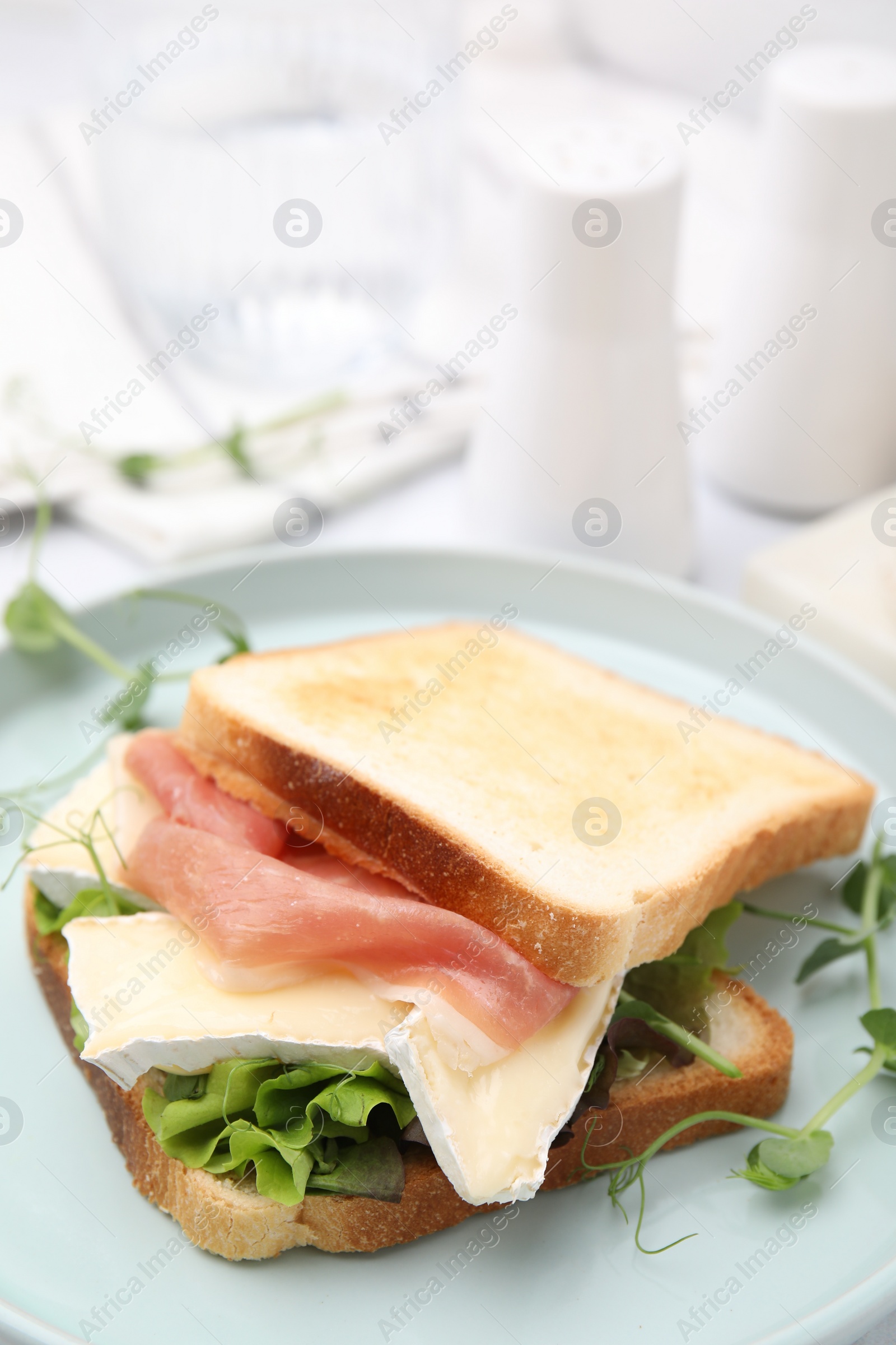 Photo of Tasty sandwich with brie cheese and prosciutto on table, closeup. Space for text