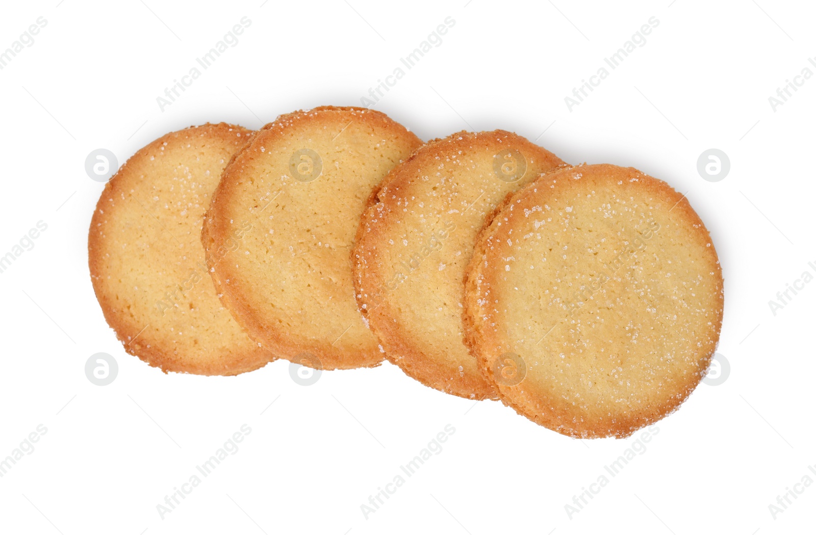 Photo of Tasty sweet sugar cookies isolated on white, top view