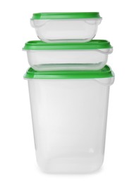 Empty plastic containers on white background. Food storage