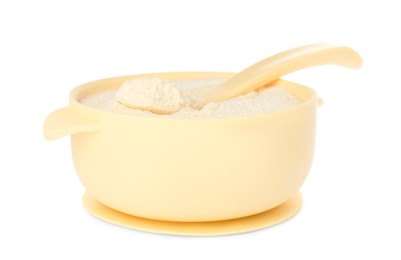 Photo of Dry healthy baby food in bowl on white background