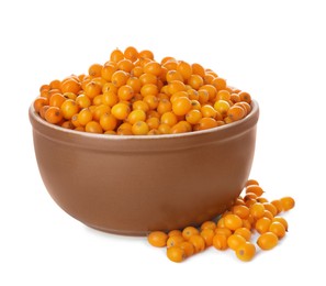 Photo of Bowl with fresh ripe sea buckthorn berries on white background