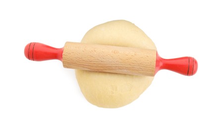 Photo of Raw dough and rolling pin isolated on white, top view