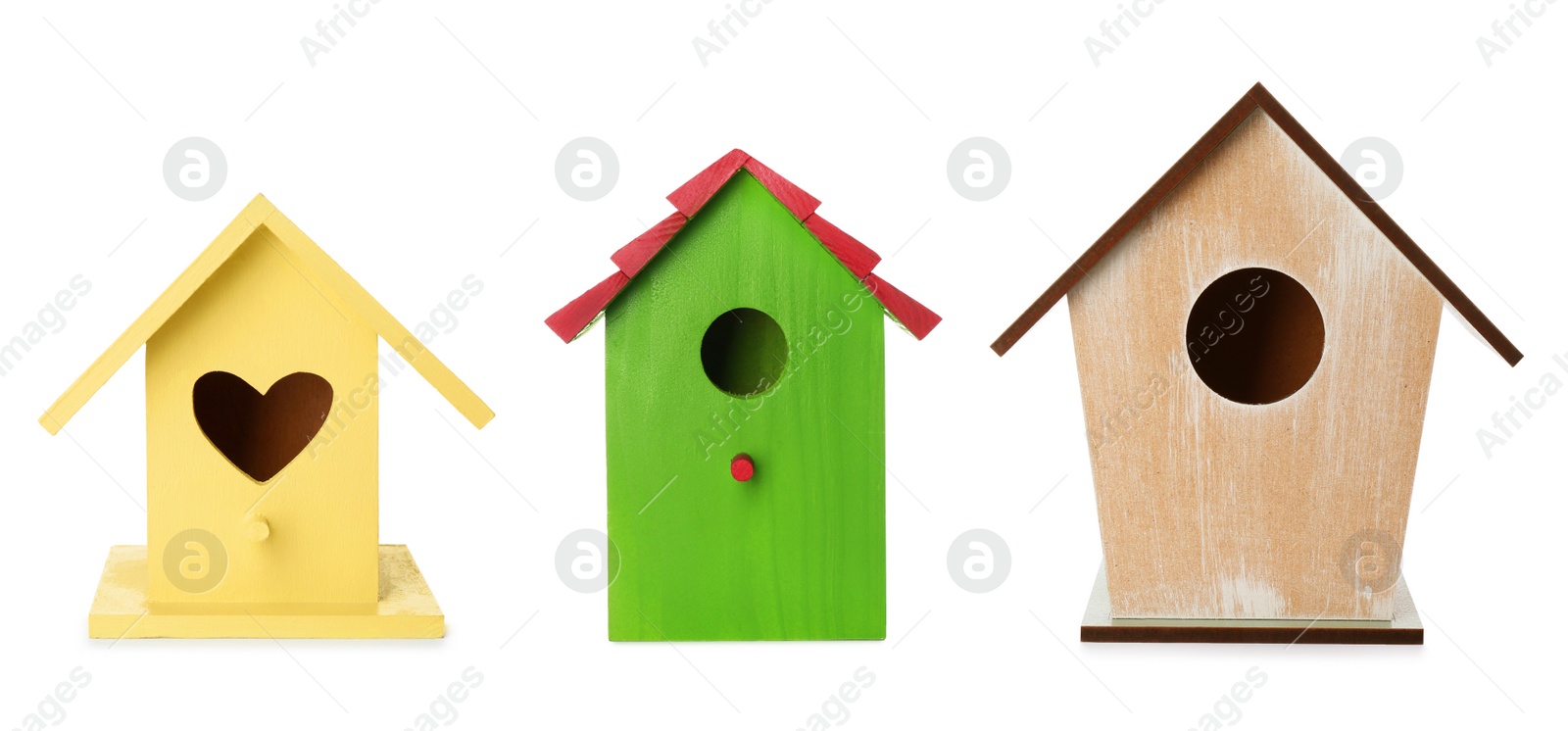 Image of Set with different beautiful bird houses on white background, banner design