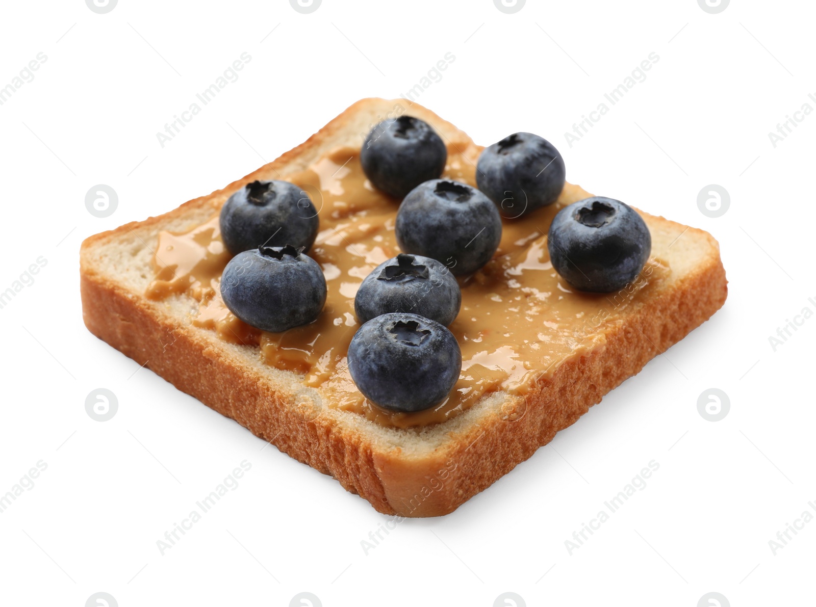 Photo of Delicious toast with peanut butter and blueberries isolated on white