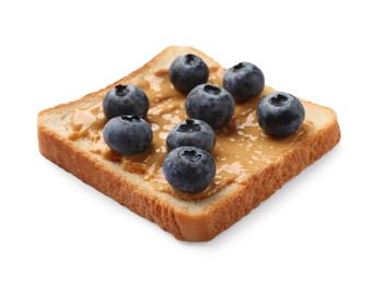 Photo of Delicious toast with peanut butter and blueberries isolated on white