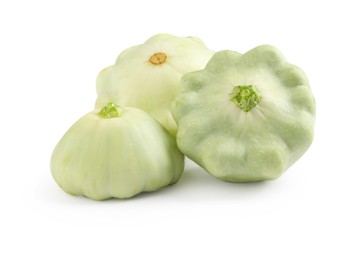 Photo of Fresh ripe pattypan squashes on white background