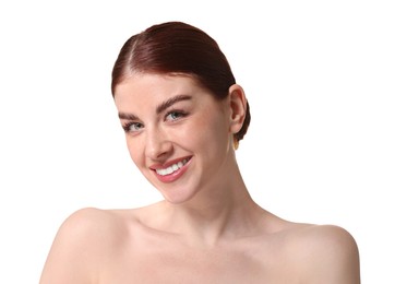 Portrait of smiling woman on white background