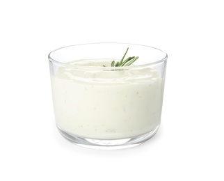 Photo of Glass bowl of garlic sauce on white background