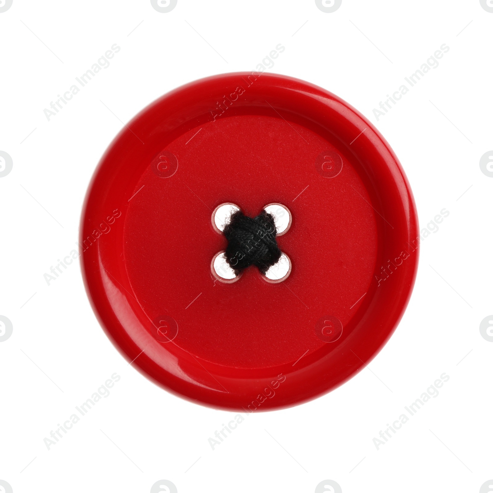 Photo of Red plastic sewing button isolated on white, top view