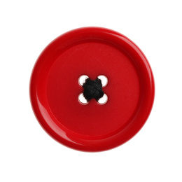 Photo of Red plastic sewing button isolated on white, top view