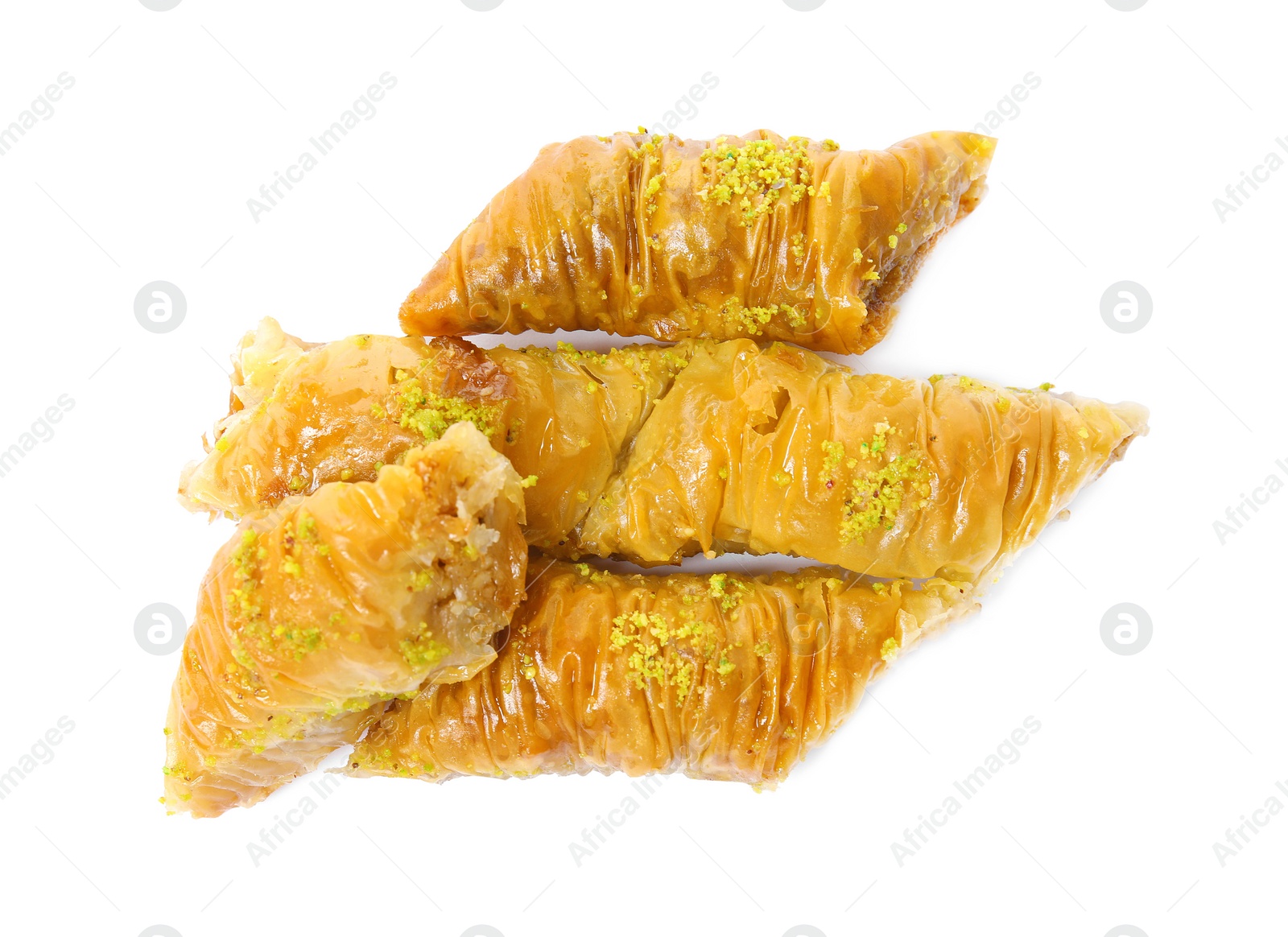 Photo of Delicious baklava with pistachios on white background, top view