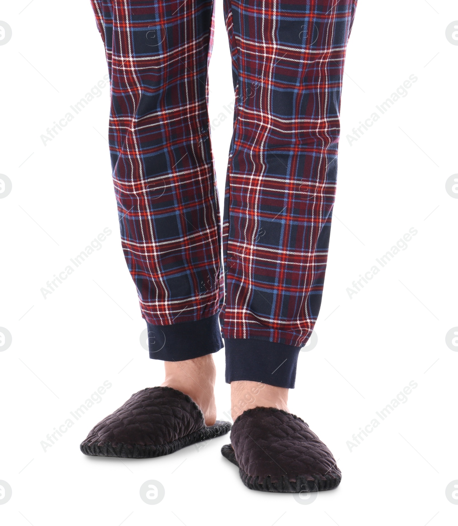 Photo of Man in warm soft slippers on white background, closeup