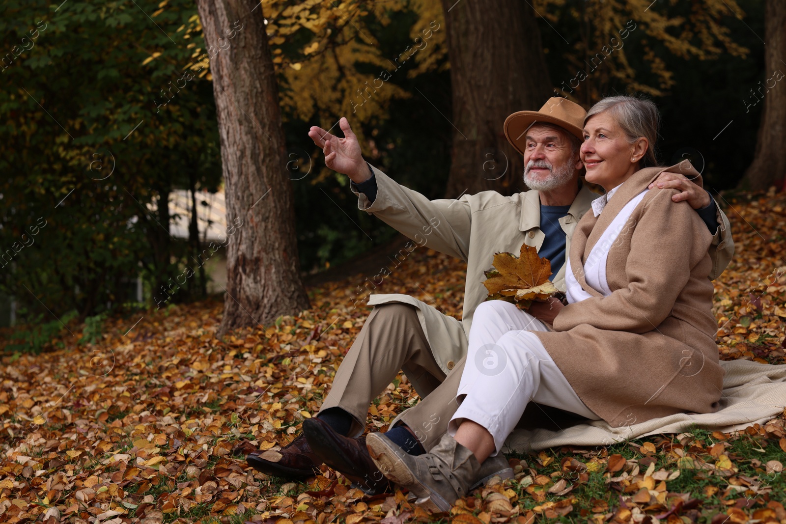 Photo of Affectionate senior couple with dry leaves on blanket in autumn park, space for text