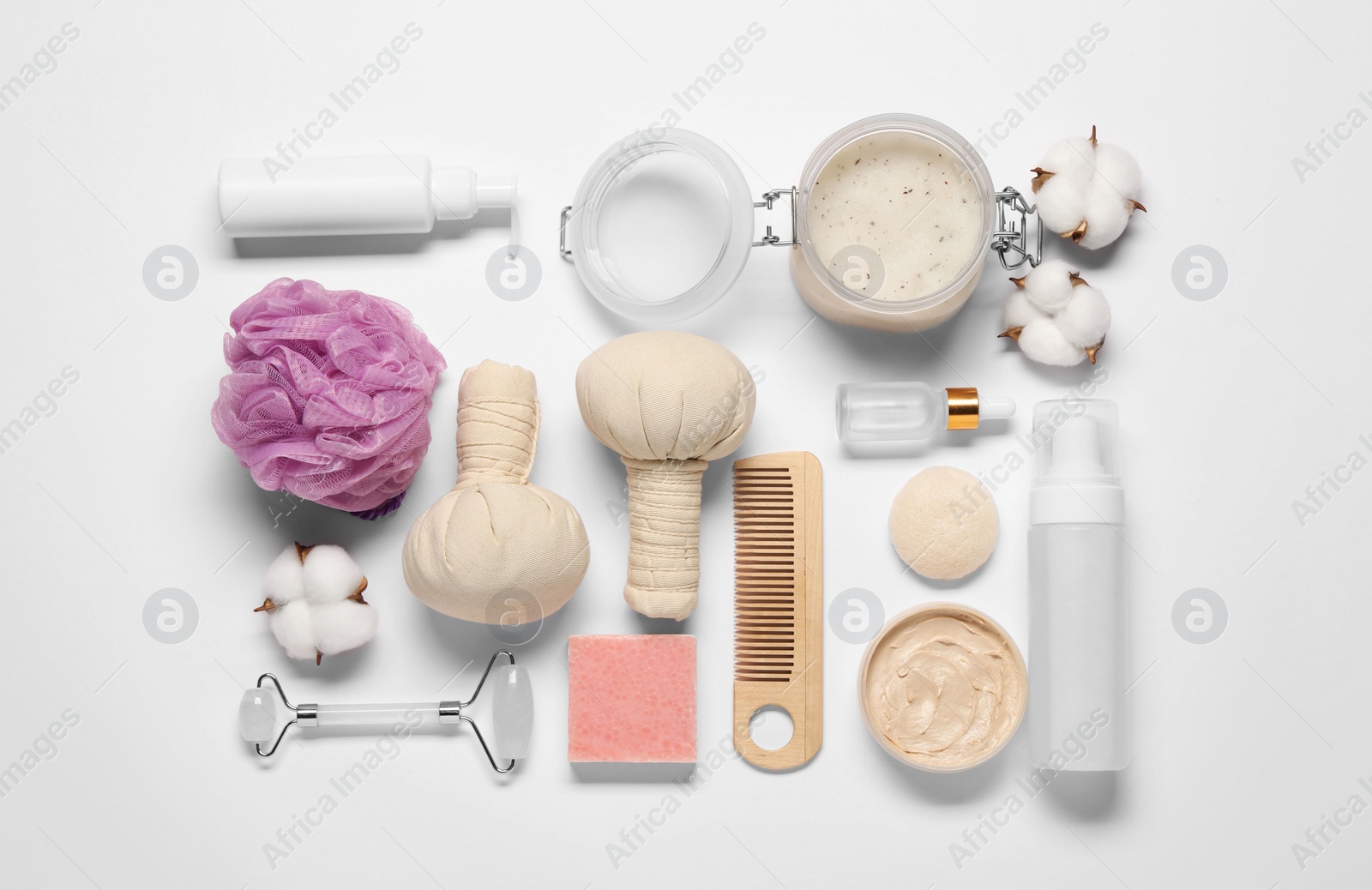 Photo of Bath accessories. Flat lay composition with personal care products on white background