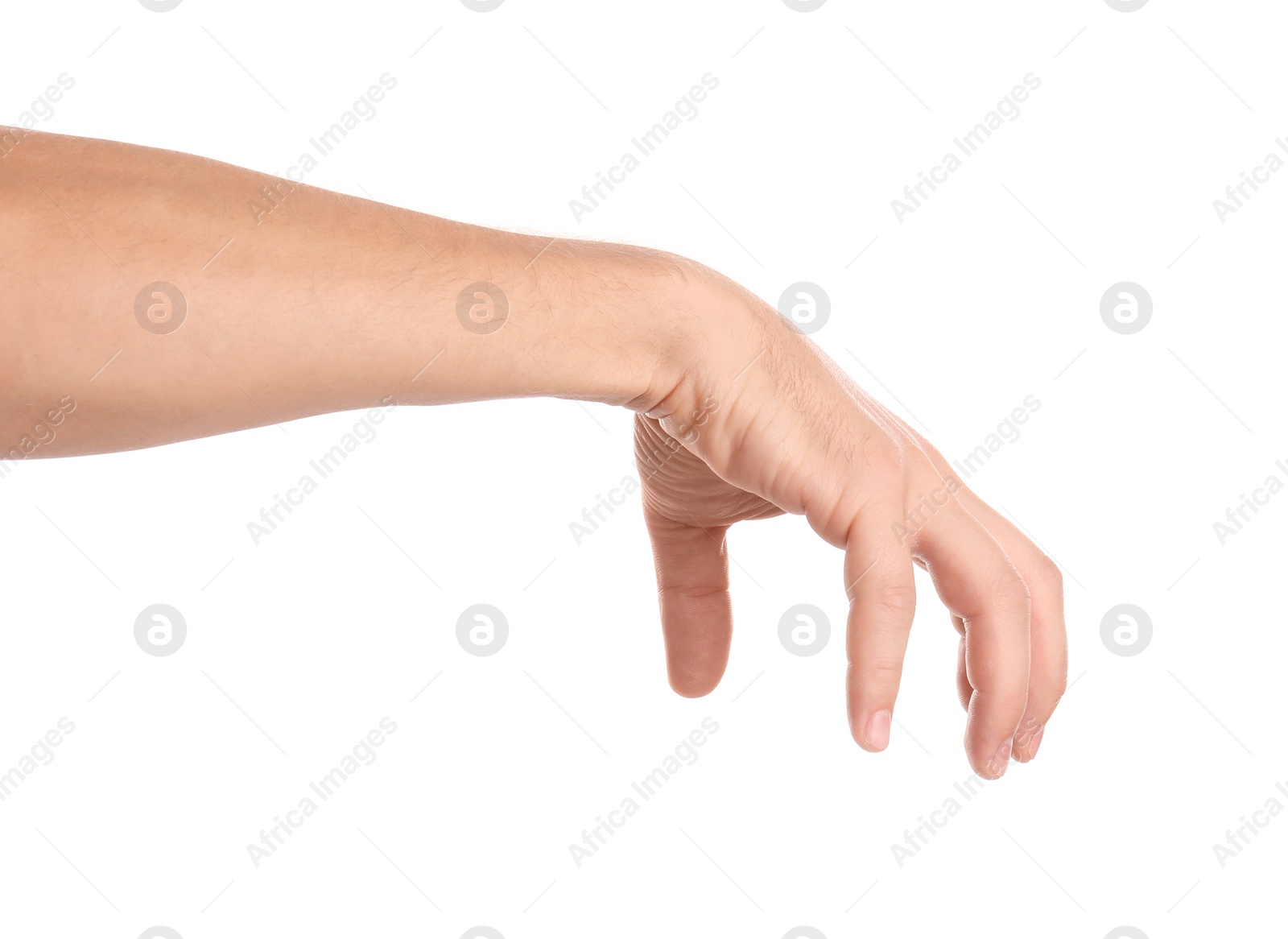 Photo of Man holding something in hand on white background, closeup