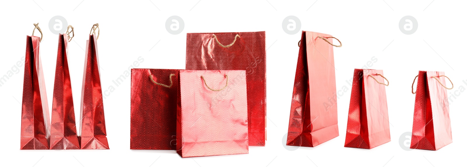 Image of Set of bright paper shopping bags on white background. Banner design