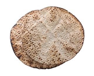 Photo of Tasty matzos on white background, top view. Passover (Pesach) celebration