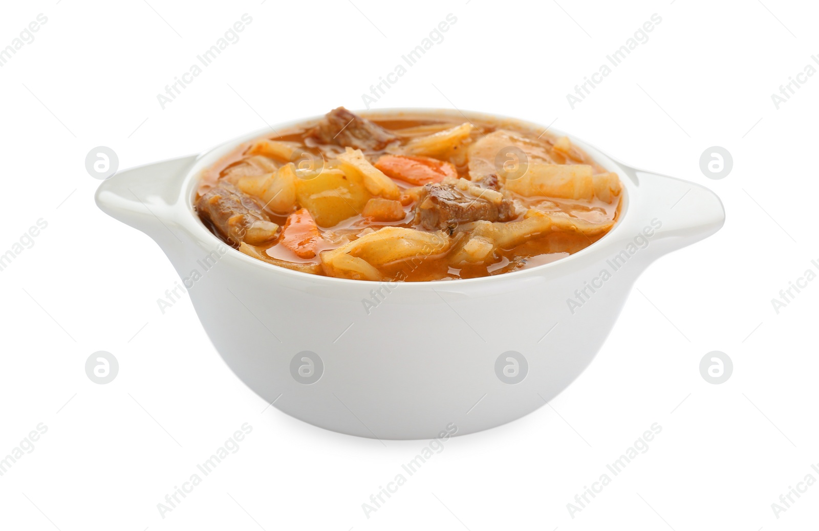 Photo of Tasty cabbage soup with meat and carrot on white background