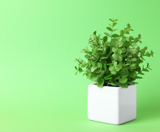 Beautiful artificial plant in flower pot on green background, space for text