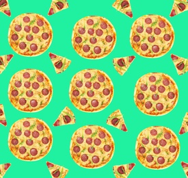 Image of Pepperoni pizza pattern design on light green background 