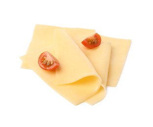 Slices of tasty fresh cheese and tomatoes isolated on white, top view