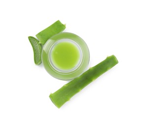 Jar of natural gel and cut aloe leaf isolated on white, top view