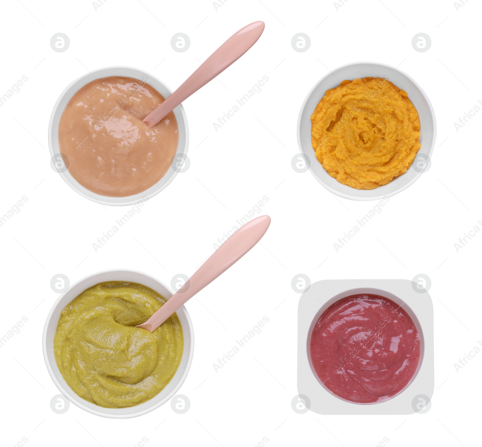 Image of Set of baby food isolated on white, top view