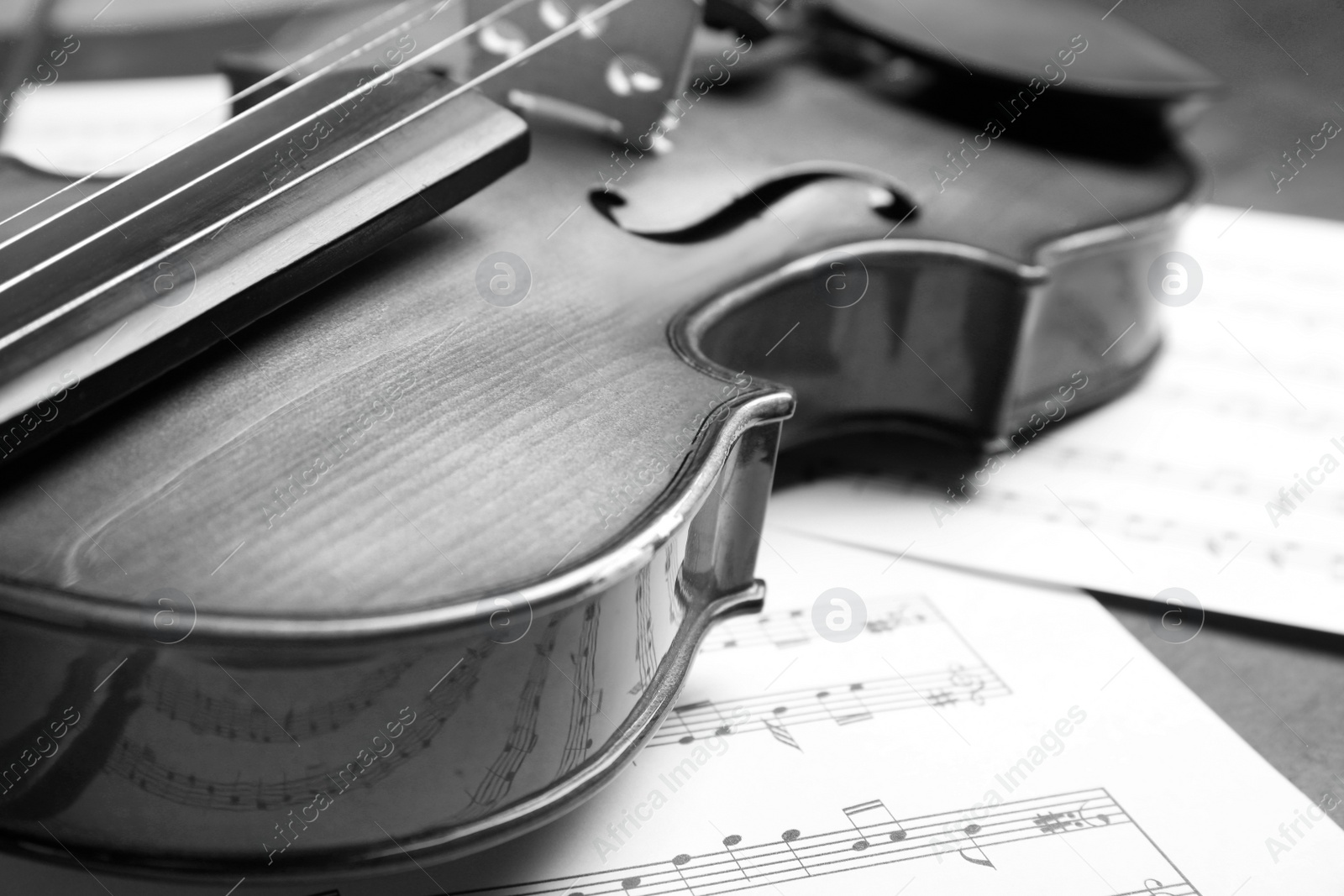 Image of Beautiful violin and note sheets on table, closeup. Black and white tone