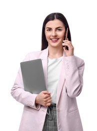 Photo of Beautiful businesswoman with laptop talking on smartphone against white background
