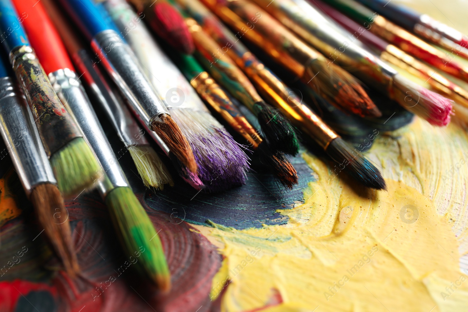 Photo of Different paint brushes on color palette, closeup