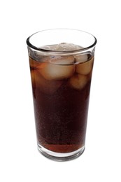 Photo of Glass of refreshing soda water with ice cubes isolated on white