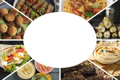 Image of Different tasty Middle Eastern dishes. Collage with shawarma, hummus, pilaf, desserts and others, space for text