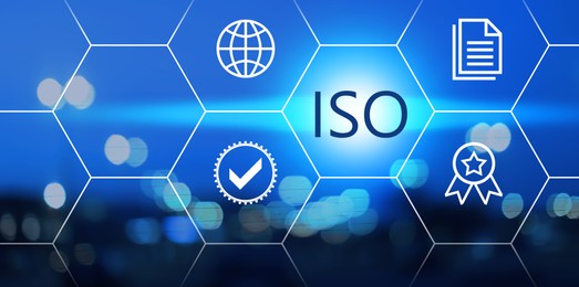 Illustration of International Organization for Standardization (ISO). Different virtual icons on blurred background, banner design