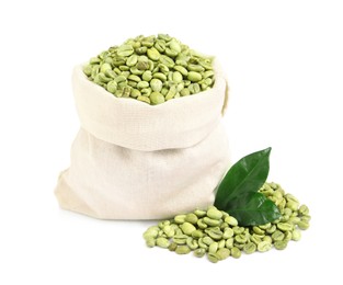 Photo of Sackcloth bag with green coffee beans and leaves on white background