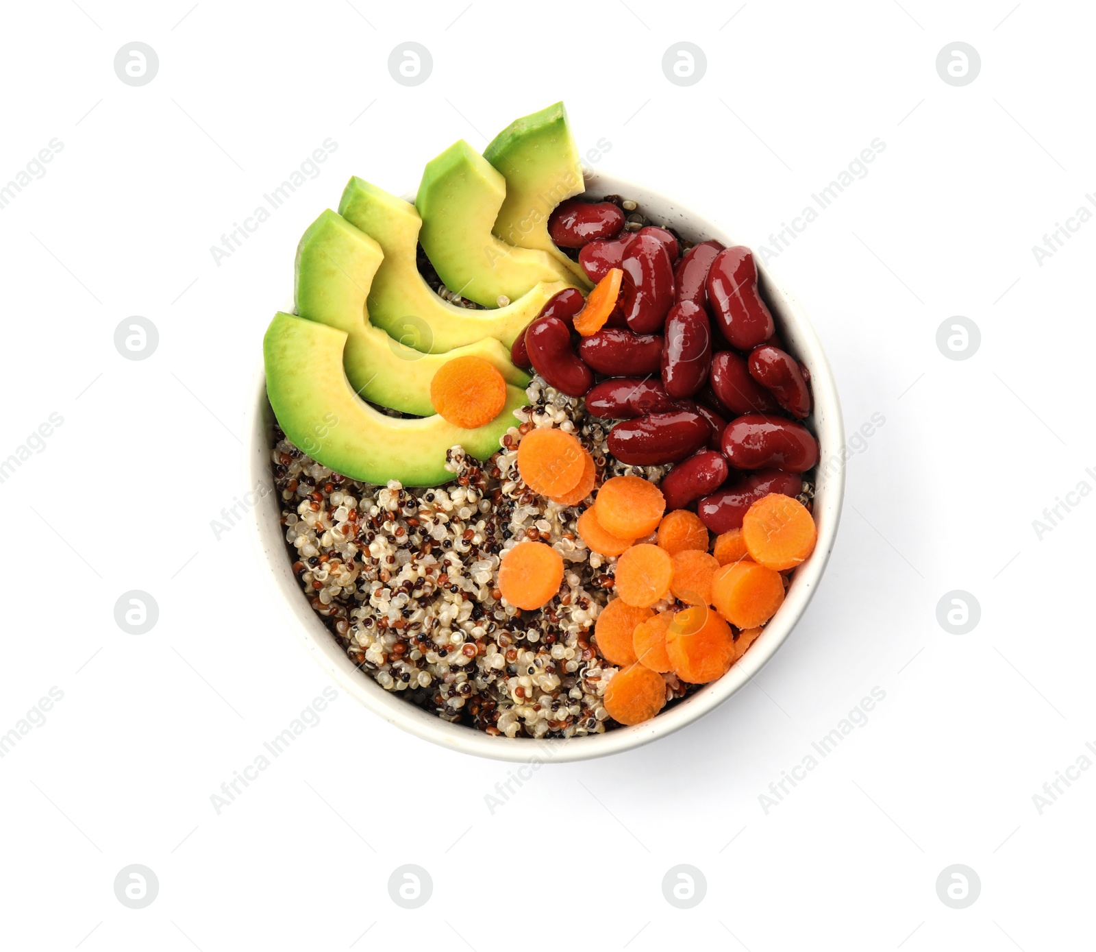 Photo of Healthy quinoa salad with vegetables in bowl isolated on white, top view