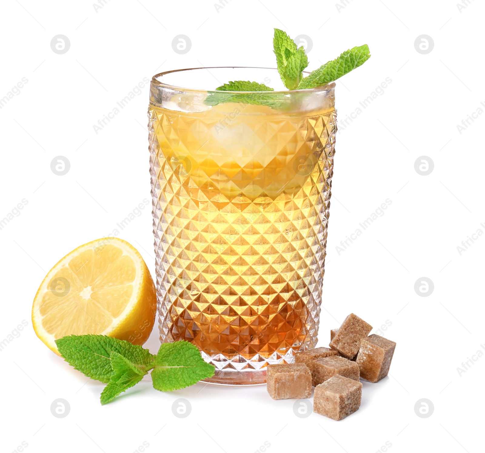 Photo of Glass of mint julep cocktail on white background