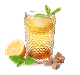 Photo of Glass of mint julep cocktail on white background