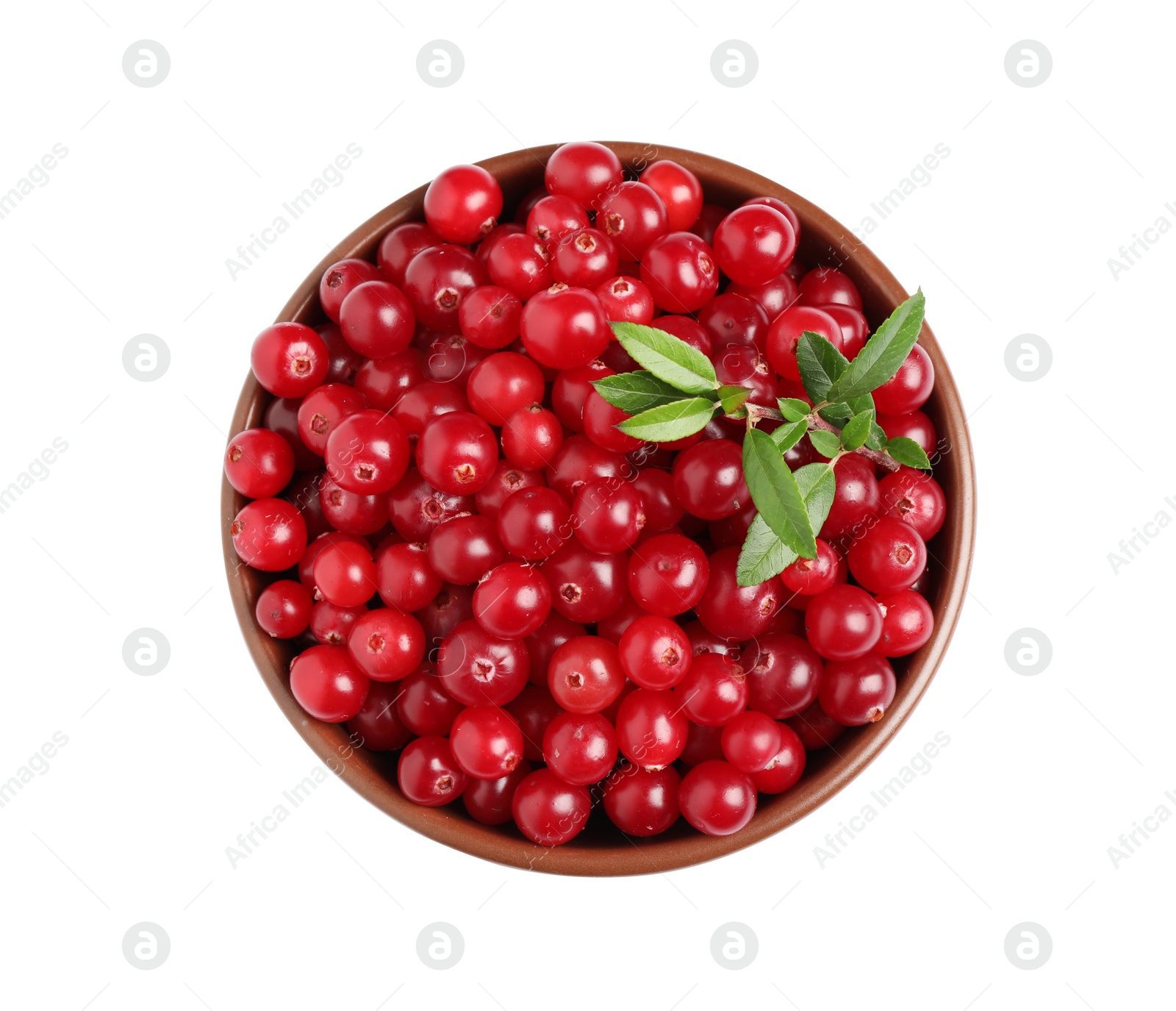 Photo of Fresh ripe cranberries with leaves in bowl isolated on white, top view