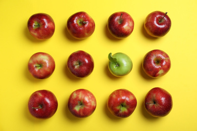 Tasty red apples and green one on yellow background, flat lay