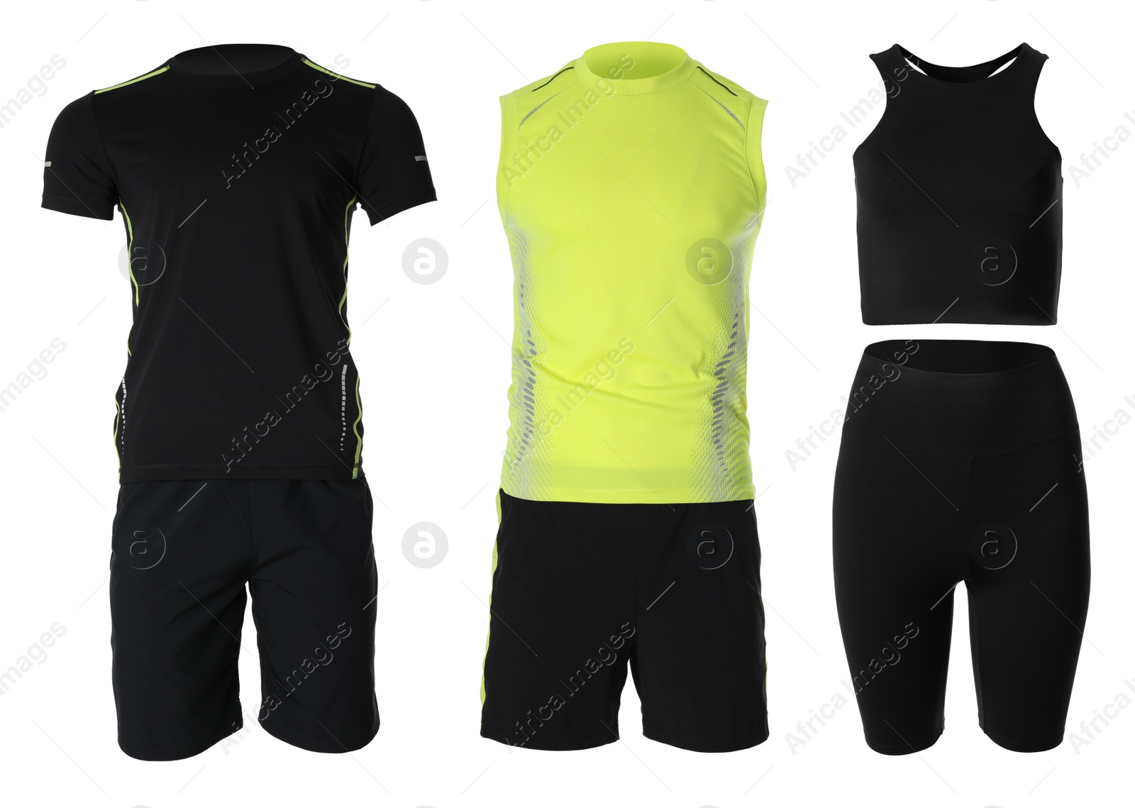 Image of Collection of stylish sportswear on white background
