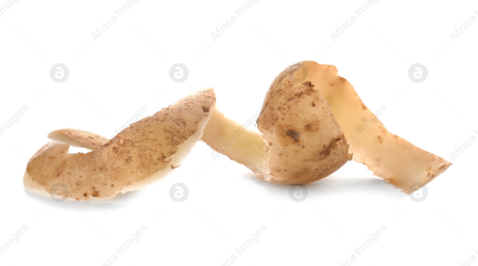 Photo of Potato peel on white background. Food waste